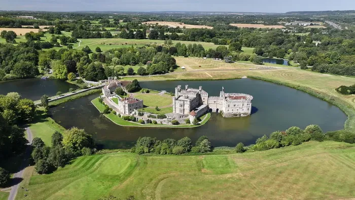 Framed Print : Aerial view of Leeds Castle and moat, southeast of Maidstone, Kent, England, United Kingdom, Europe Framed Print : Aerial view of Leeds Castle and moat, southeast of Maidstone, Kent, England, United Kingdom, Europe