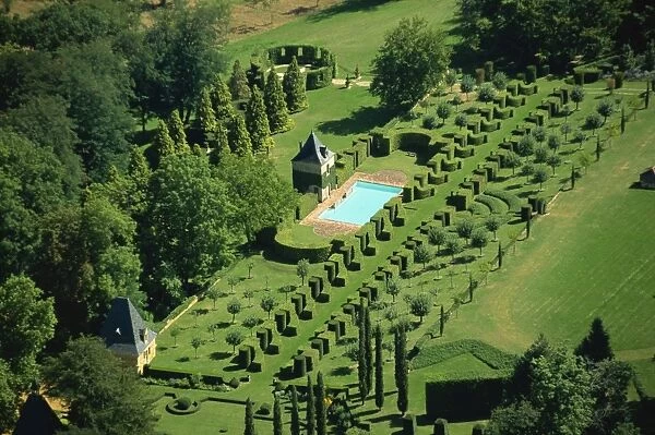 Aerial view of Les Jardins d Eyrignac, Dordogne, Perigord, Aquitaine, France, Europe