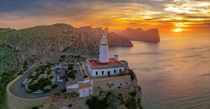Framed Print : Aerial view of lighthouse at Cap Formentor at sunset, Majorca, Balearic Islands, Spain, Mediterranean, Europe Framed Print : Aerial view of lighthouse at Cap Formentor at sunset, Majorca, Balearic Islands, Spain, Mediterranean, Europe