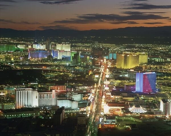 Aerial view over lights of the city at night, Las Vegas, Nevada, United States of America