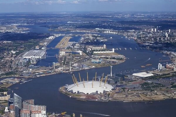 Aerial view of London City Airport and O2 Arena, London, England, United Kingdom, Europe