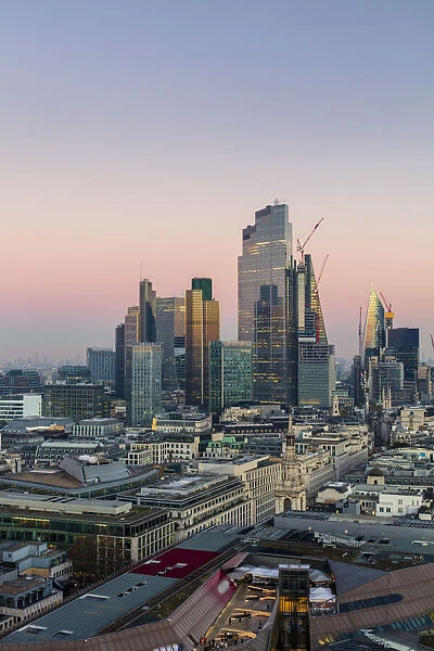 Aerial view of London City skyline at sunset taken from St. Pauls Cathedral, London, England, United Kingdom, Europe