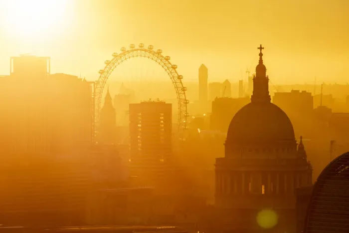 Framed Print : Aerial view of London skyline at sunset, including London Eye and St. Pauls Cathedral, London, England, United Kingdom, Europe Framed Print : Aerial view of London skyline at sunset, including London Eye and St. Pauls Cathedral, London, England, United Kingdom, Europe