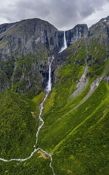 Aerial view of Mardalsfossen waterfall dividing in Mardola river branches, Eikesdalen