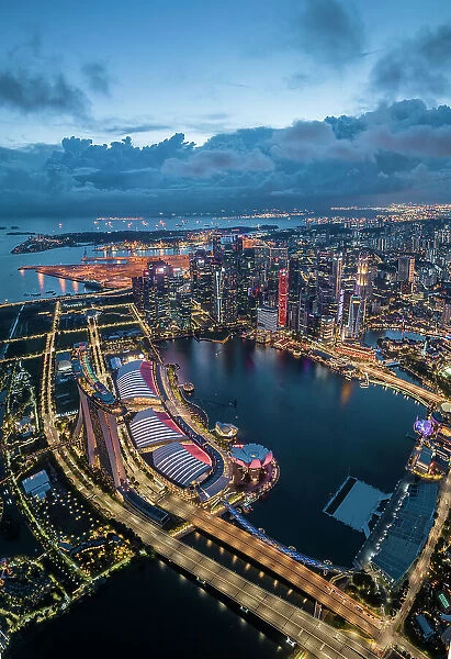 Aerial view of Marina Bay Sands and Singapore City Harbour at night, Singapore, Southeast Asia, Asia