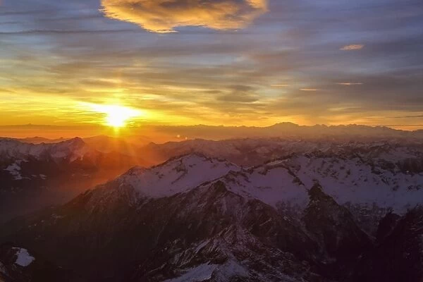 Aerial view of Masino Valley at sunset, Valtellina, Lombardy, Italy, Europe