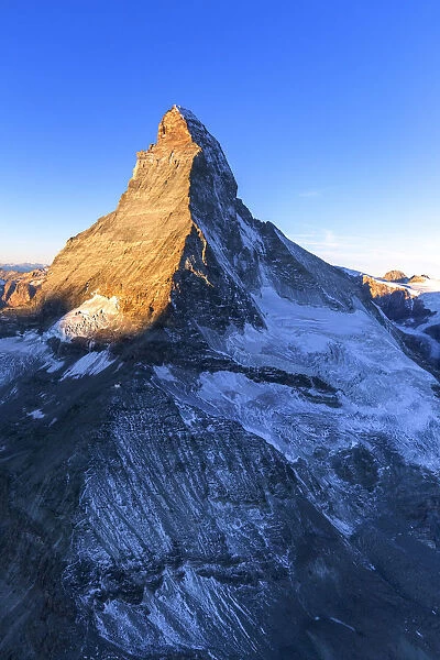 Aerial view of Matterhorn at sunrise. Zermatt, Canton of Valais, Switzerland, Europe