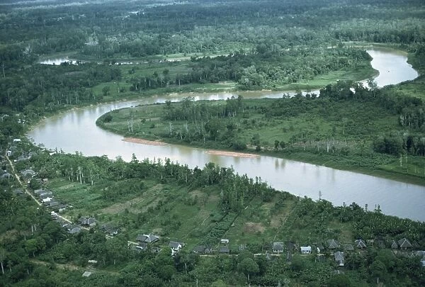 Aerial view of meanders in the East Kalimantan river in Borneo