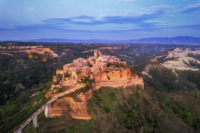 Framed Print : Aerial view of the medieval village of Civita di Bagnoregio at dusk, Viterbo province, Latium (Lazio), Italy, Europe Framed Print : Aerial view of the medieval village of Civita di Bagnoregio at dusk, Viterbo province, Latium (Lazio), Italy, Europe