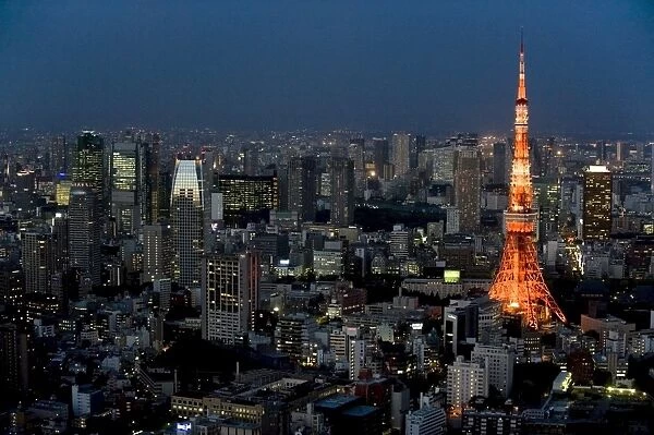 Aerial view of metropolitan Tokyo and Tokyo Tower from atop the Mori Tower at Roppongi Hills