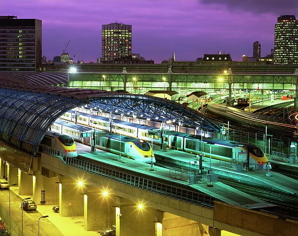 Aerial view over the modern Eurostar terminal and trains at dusk, Waterloo Station