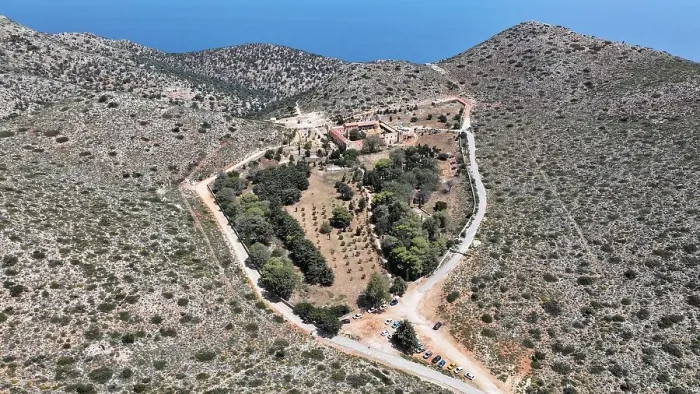 Framed Print : Aerial view of the Monastery of Gouverneto on the Akrotiri Peninsula near Chania, Crete, Greek Islands, Greece, Europe