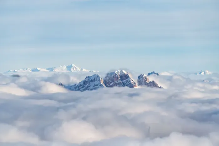 Framed Print : Aerial view of Monte Cristallo and Pomagagnon peaks emerging from clouds, Dolomites Framed Print : Aerial view of Monte Cristallo and Pomagagnon peaks emerging from clouds, Dolomites
