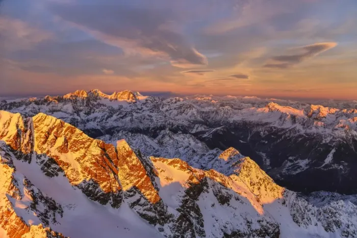Framed Print : Aerial view of Mount Disgrazia and Bernina Group at sunset, Masino Valley, Valtellina Framed Print : Aerial view of Mount Disgrazia and Bernina Group at sunset, Masino Valley, Valtellina