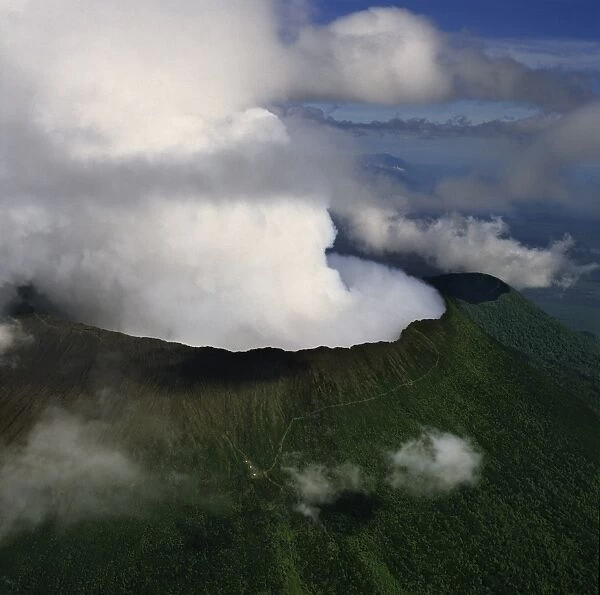 Aerial view of Mount Nyiragongo, an active volcano in the Virunga Mountains in Virunga National Park, near the border with Rwanda, known for its recent devastating eruptions, Democratic Republic of the Congo, Great Rift
