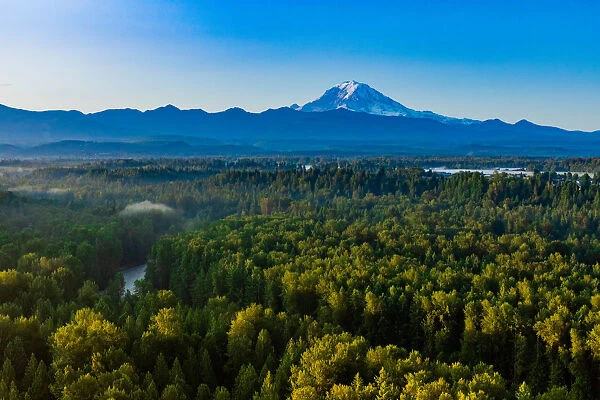 Aerial view of Mount Rainier at sunrise, Washington State, United States of America