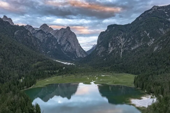 Framed Print : Aerial view of mountains reflected in lake Dobbiaco at sunset, Dobbiaco (Toblach) Framed Print : Aerial view of mountains reflected in lake Dobbiaco at sunset, Dobbiaco (Toblach)