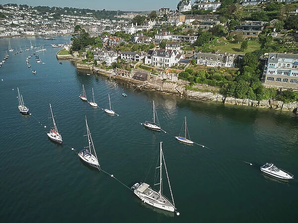 An aerial view into the mouth of the River Dart, with Kingswear nearest, towards the right, and Dartmouth in the distance, south coast of Devon, England, United Kingdom, Europe