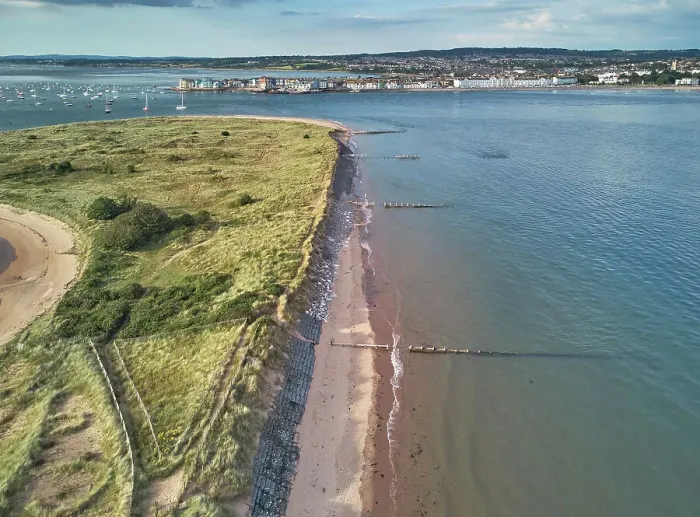 Framed Print : Aerial view of the mouth of the River Exe, seen from above Dawlish Warren and looking towards the town of Exmouth, Devon, England, United Kingdom, Europe Framed Print : Aerial view of the mouth of the River Exe, seen from above Dawlish Warren and looking towards the town of Exmouth, Devon, England, United Kingdom, Europe