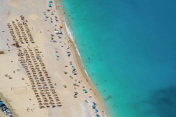 Aerial view of Myrtos Beach, coastline, sea and hills near Agkonas, Kefalonia, Ionian Islands, Greek Islands, Greece, Europe