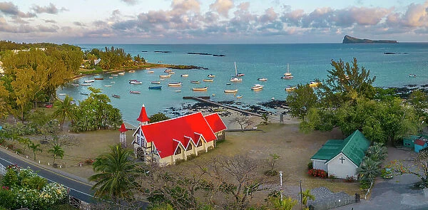 Aerial view of Notre-Dame Auxiliatrice de Cap Malheureux at sunrise, Cap Malheureux, Mauritius, Indian Ocean, Africa