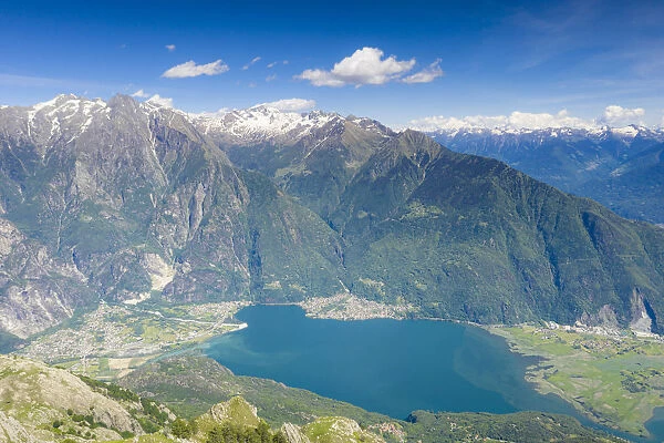 Aerial view of Novate Mezzola lake in spring, Valchiavenna, Sondrio province, Valtellina