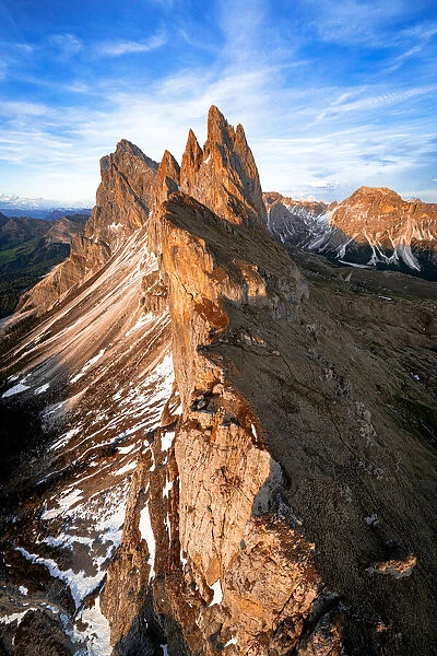 Aerial view of Odle group, Seceda, Furchetta and Sass Rigais at sunset, Dolomites, South Tyrol, Italy, Europe