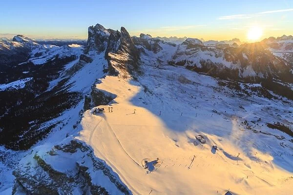 Aerial view of the Odle at sunset, Gardena Valley, Dolomites, Trentino-Alto Adige