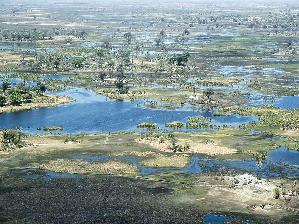 Aerial view of the Okavango Delta during drought conditions in early fall, Botswana