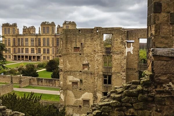 Aerial view from the Old Hall of its replacement, Hardwick Hall, near Chesterfield, Derbyshire, England, United Kingdom, Europe