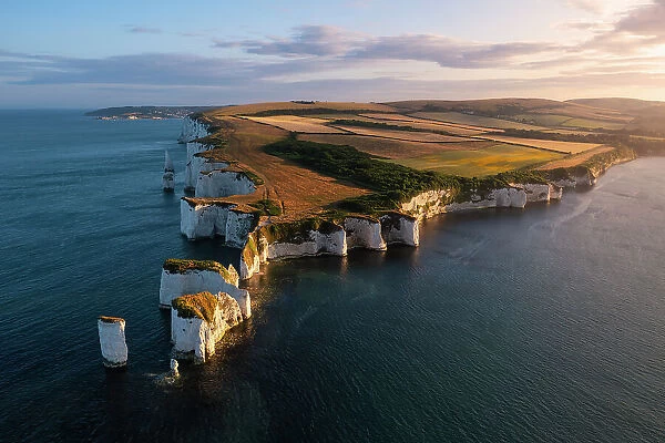 Aerial view of Old Harry Rocks at sunset, Handfast Point, Purbeck, Jurassic Coast, UNESCO World Heritage Site, Dorset, England, United Kingdom, Europe