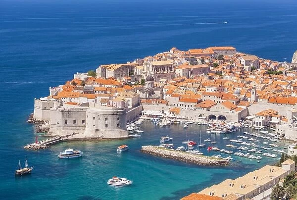 Aerial view of Old Port and Dubrovnik Old town, UNESCO World Heritage Site, Dubrovnik