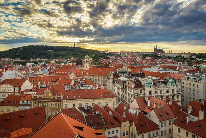 Framed Print : Aerial view of Old Town with distant view of Prague Castle as seen from Powder Tower, UNESCO World Heritage Site, Prague, Czechia, Europe Framed Print : Aerial view of Old Town with distant view of Prague Castle as seen from Powder Tower, UNESCO World Heritage Site, Prague, Czechia, Europe