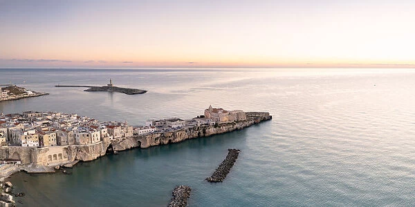 Aerial view of old town and lighthouse of Vieste at dawn, Foggia province
