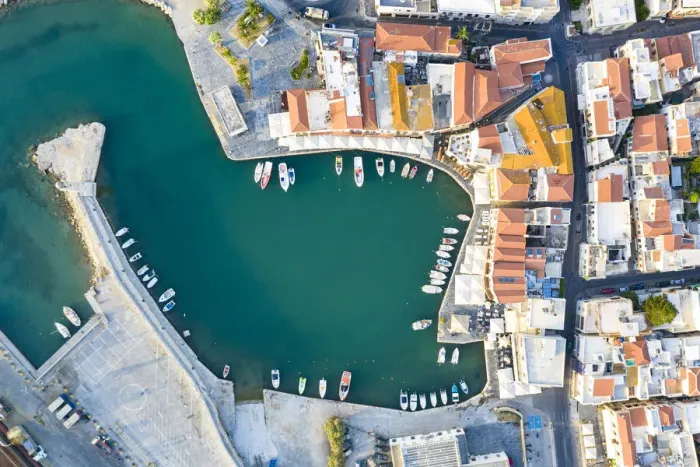 Framed Print : Aerial view of the old town and Venetian harbour overlooking the blue Aegean Sea, Rethymno, Crete island, Greek Islands, Greece, Europe Framed Print : Aerial view of the old town and Venetian harbour overlooking the blue Aegean Sea, Rethymno, Crete island, Greek Islands, Greece, Europe