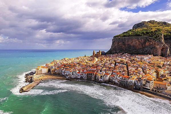 Aerial view of the old white village of Cefalu on a cloudy day, aerial view, Cefalu, Palermo province, Tyrrhenian Sea, Sicily, Italy, Mediterranean, Europe