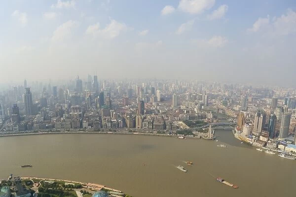 Aerial view from Oriental Pearl Tower of Huangpu District and Huangpu River