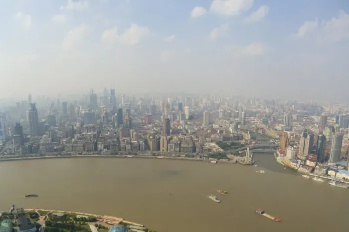 Framed Print : Aerial view from Oriental Pearl Tower of Huangpu District and Huangpu River Framed Print : Aerial view from Oriental Pearl Tower of Huangpu District and Huangpu River