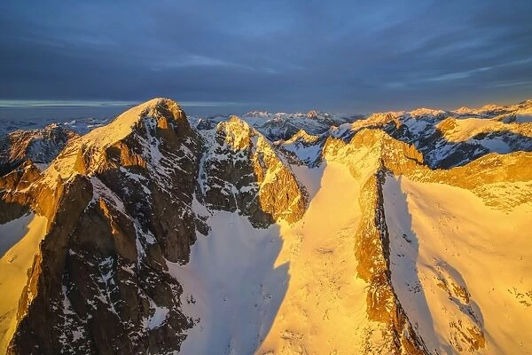 Aerial view of peak Cengalo at sunset, Masino Valley, Valtellina, Lombardy, Italy, Europe