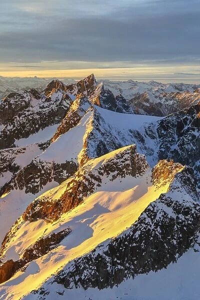 Aerial view of peaks of Ferro and Cengalo at sunset, Masino Valley, Valtellina, Lombardy