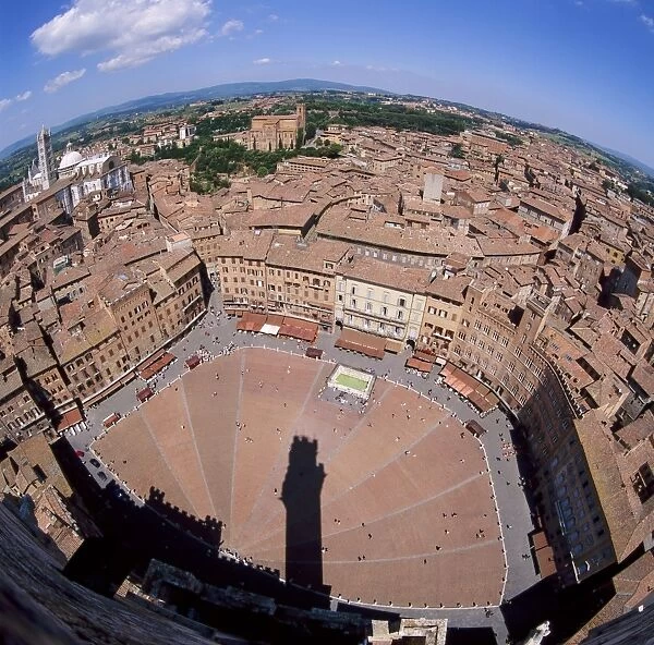 Aerial view of the Piazza del Campo and the town of Siena