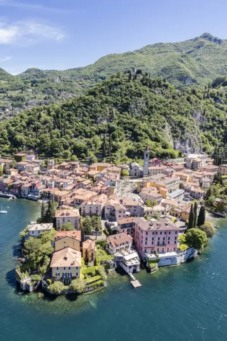 Framed Print : Aerial view of the picturesque village of Varenna surrounded by Lake Como and gardens Framed Print : Aerial view of the picturesque village of Varenna surrounded by Lake Como and gardens