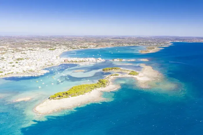 Framed Print : Aerial view of Porto Cesareo coastal town washed by the clear sea, Lecce province Framed Print : Aerial view of Porto Cesareo coastal town washed by the clear sea, Lecce province