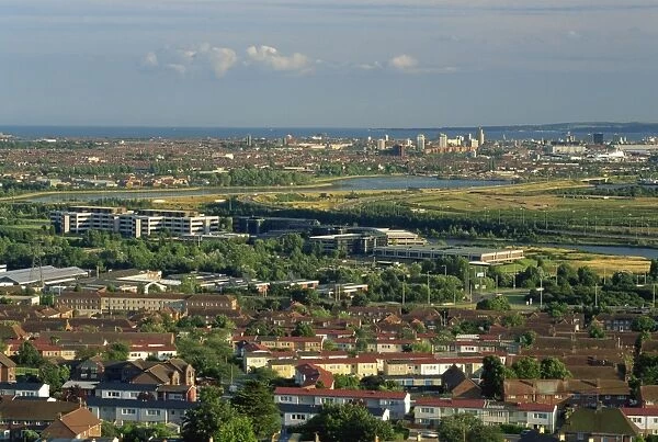 Aerial view from Portsdown Hill of city and outskirts, Portsmouth, Hampshire