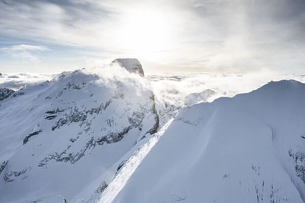 Aerial view of Punta Penia and west ridge of Marmolada in winter, Dolomites