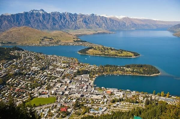 Aerial view of Queenstown, Lake Wakatipu and the Remarkables Mountain Range, Otago, South Island, New Zealand, Pacific