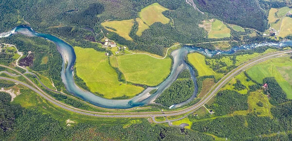 Aerial view of Rauma river and green valley from Romsdalseggen ridge, Andalsnes, More