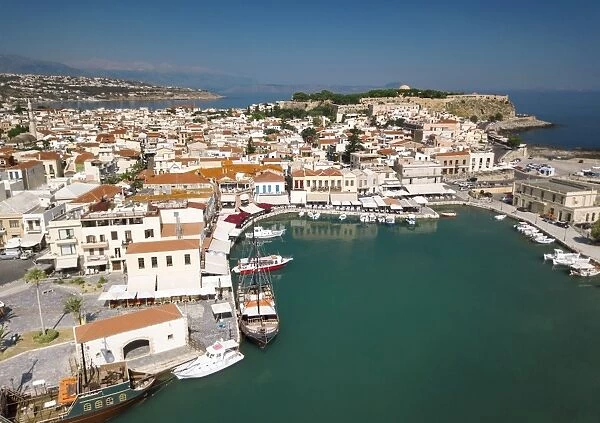 Aerial view of Rethymno old town, Venetian Harbour and fortress, Crete Island, Greek Islands