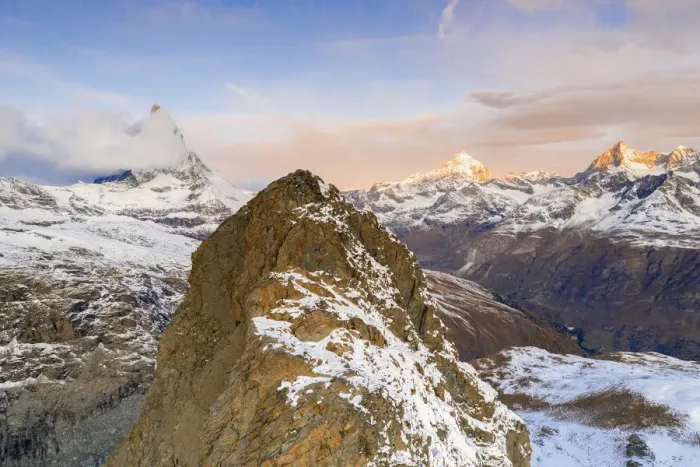 Framed Print : Aerial view of Riffelhorn ridge, Matterhorn and Dent Blanche at sunrise, Zermatt Framed Print : Aerial view of Riffelhorn ridge, Matterhorn and Dent Blanche at sunrise, Zermatt