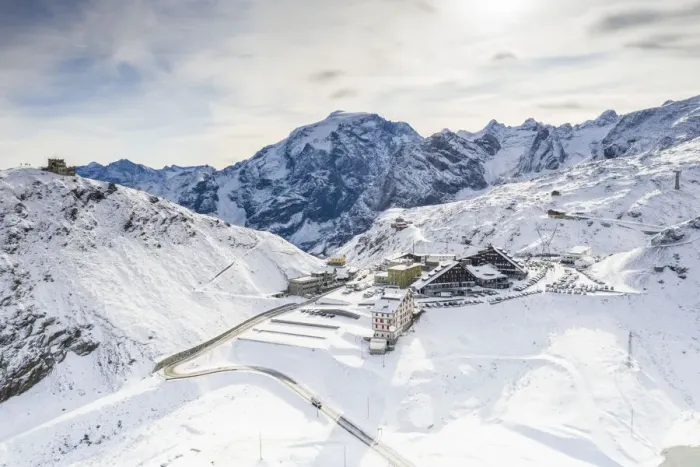 Framed Print : Aerial view of Rifugio Garibaldi, Ortles mount and Stelvio Pass covered with snow Framed Print : Aerial view of Rifugio Garibaldi, Ortles mount and Stelvio Pass covered with snow